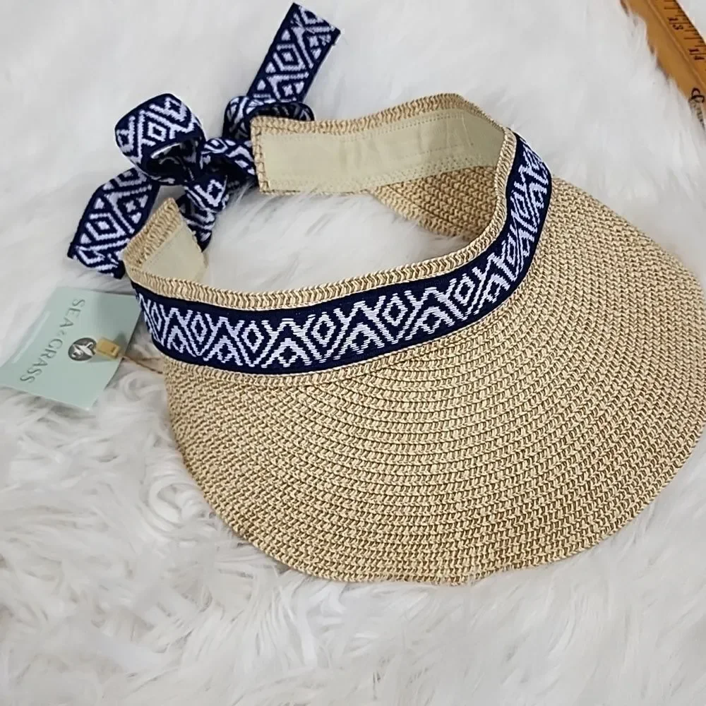 NWT Sea Grass Straw Visor with Navy and White Ribbon